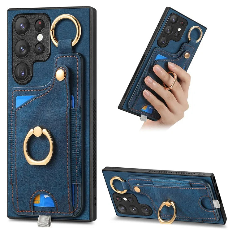 For Samsung Galaxy S22 Ultra 5G Leather Back Case Cover with Ring Holder Card Slot