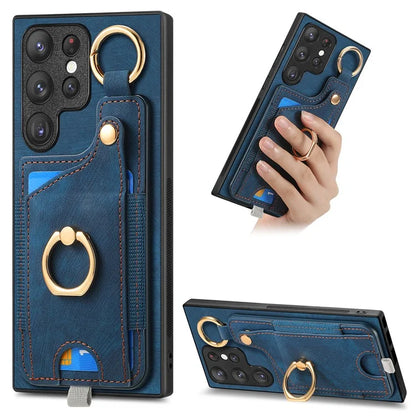 For Samsung Galaxy S22 Ultra 5G Leather Back Case Cover with Ring Holder Card Slot