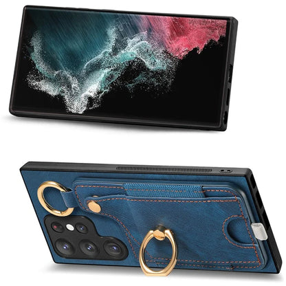 For Samsung Galaxy S22 Ultra 5G Leather Back Case Cover with Ring Holder Card Slot