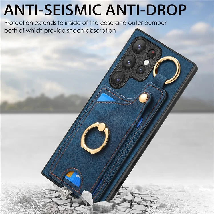 For Samsung Galaxy S22 Ultra 5G Leather Back Case Cover with Ring Holder Card Slot