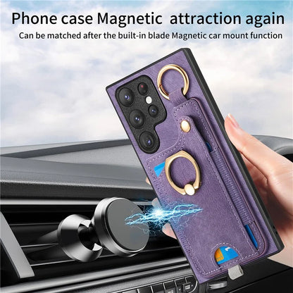 For Samsung Galaxy S22 Ultra 5G Leather Back Case Cover with Ring Holder Card Slot