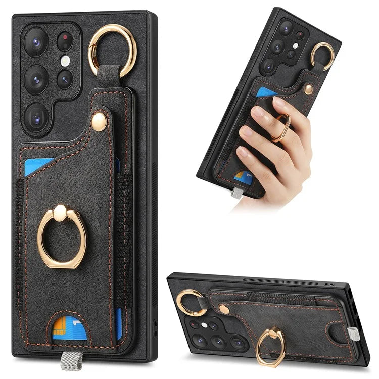 For Samsung Galaxy S22 Ultra 5G Leather Back Case Cover with Ring Holder Card Slot