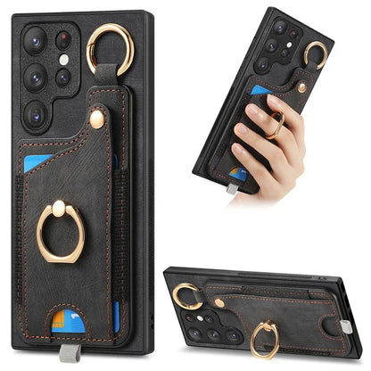 For Samsung Galaxy S22 Ultra 5G Leather Back Case Cover with Ring Holder Card Slot