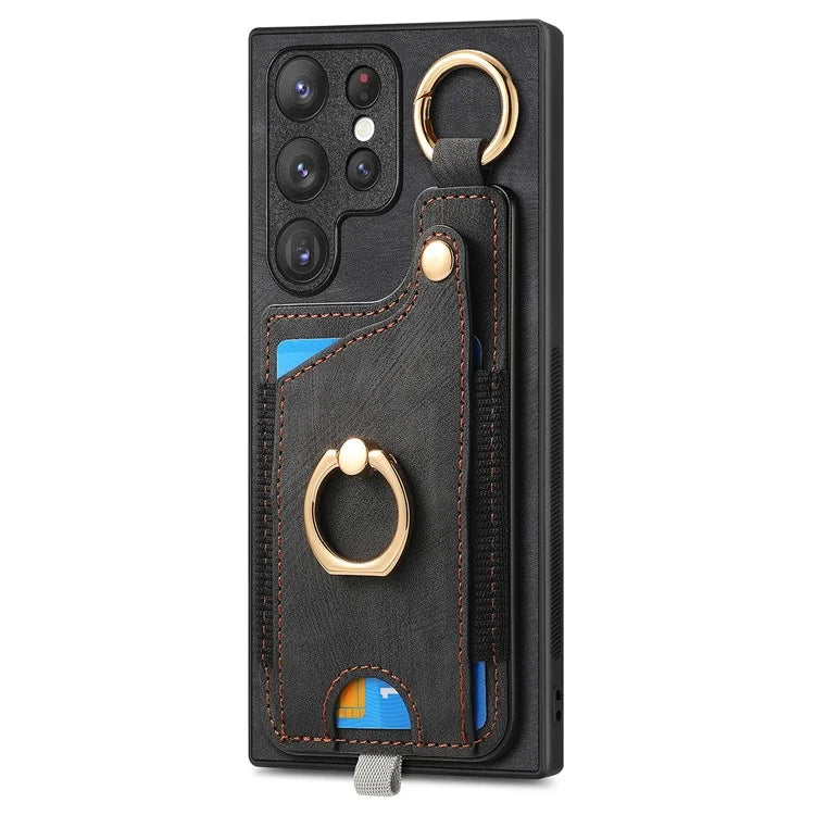 For Samsung Galaxy S22 Ultra 5G Leather Back Case Cover with Ring Holder Card Slot