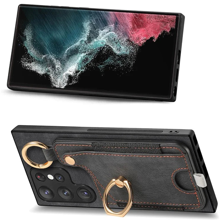 For Samsung Galaxy S22 Ultra 5G Leather Back Case Cover with Ring Holder Card Slot