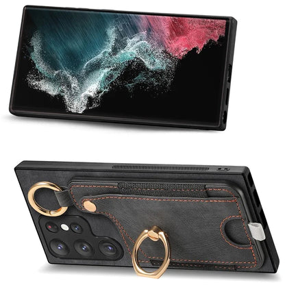 For Samsung Galaxy S22 Ultra 5G Leather Back Case Cover with Ring Holder Card Slot