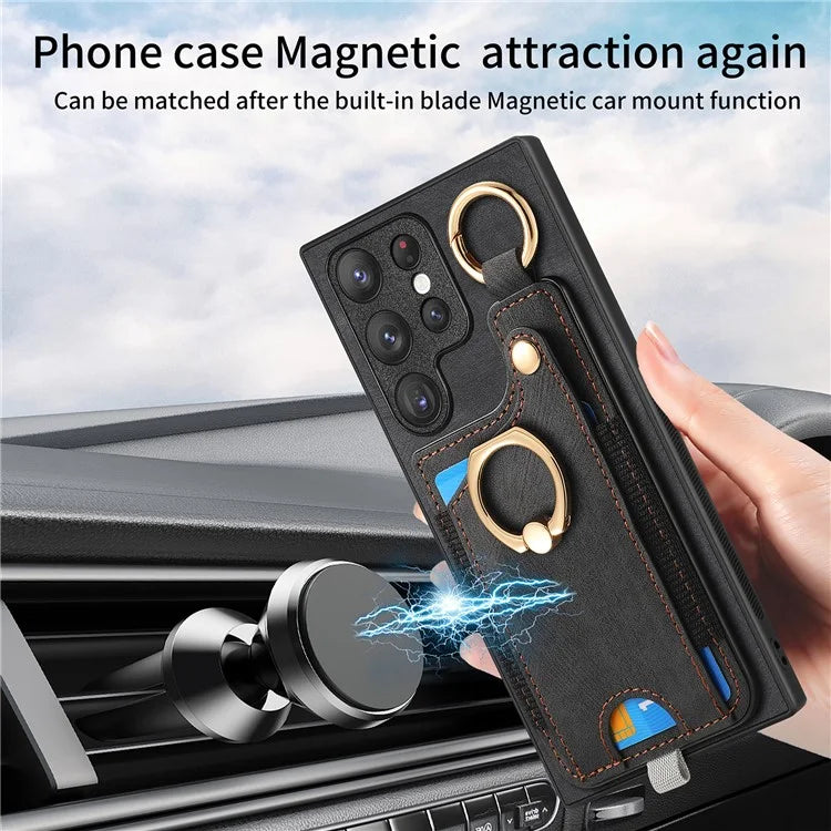 For Samsung Galaxy S22 Ultra 5G Leather Back Case Cover with Ring Holder Card Slot