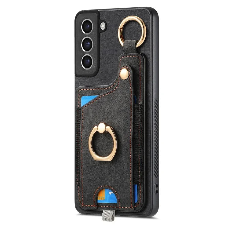 For Samsung Galaxy S21 FE 5G Ring Kickstand Case with Card Slot Leather TPU Back Cover