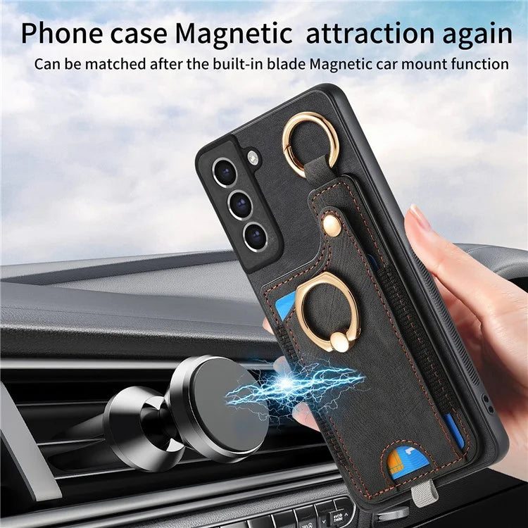 For Samsung Galaxy S21 FE 5G Ring Kickstand Case with Card Slot Leather TPU Back Cover