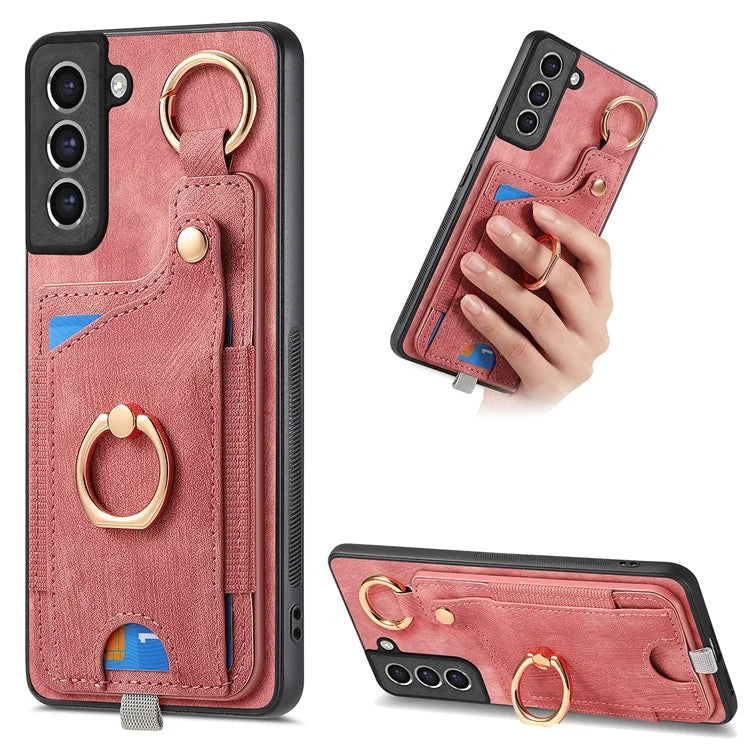 For Samsung Galaxy S21 FE 5G Ring Kickstand Case with Card Slot Leather TPU Back Cover