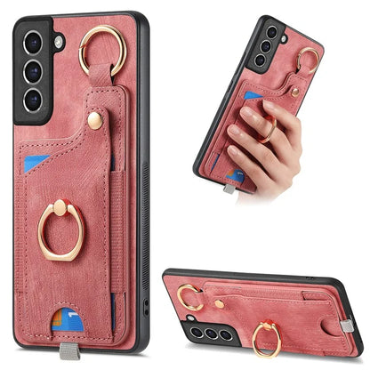 For Samsung Galaxy S21 FE 5G Ring Kickstand Case with Card Slot Leather TPU Back Cover