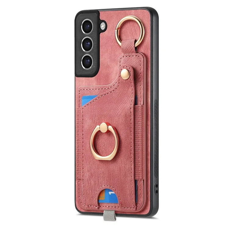 For Samsung Galaxy S21 FE 5G Ring Kickstand Case with Card Slot Leather TPU Back Cover