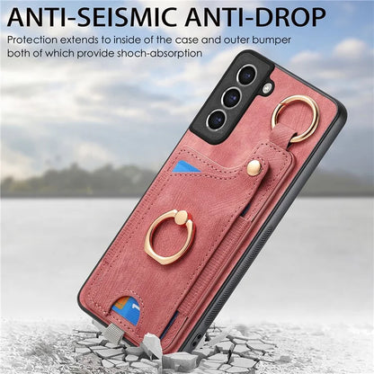 For Samsung Galaxy S21 FE 5G Ring Kickstand Case with Card Slot Leather TPU Back Cover
