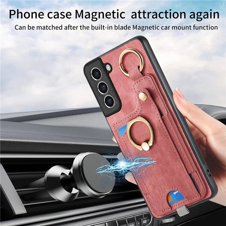 For Samsung Galaxy S21 FE 5G Ring Kickstand Case with Card Slot Leather TPU Back Cover