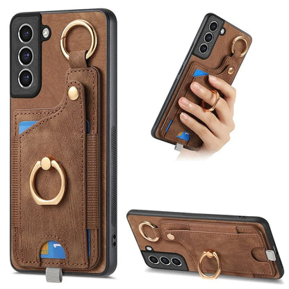 For Samsung Galaxy S21 FE 5G Ring Kickstand Case with Card Slot Leather TPU Back Cover