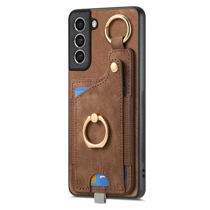 For Samsung Galaxy S21 FE 5G Ring Kickstand Case with Card Slot Leather TPU Back Cover