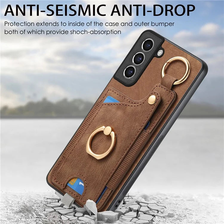 For Samsung Galaxy S21 FE 5G Ring Kickstand Case with Card Slot Leather TPU Back Cover