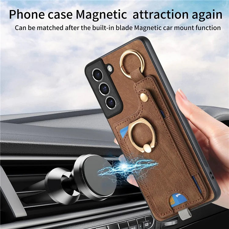 For Samsung Galaxy S21 FE 5G Ring Kickstand Case with Card Slot Leather TPU Back Cover