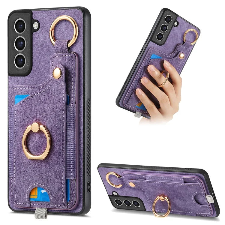 For Samsung Galaxy S21 FE 5G Ring Kickstand Case with Card Slot Leather TPU Back Cover