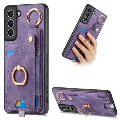 For Samsung Galaxy S21 FE 5G Ring Kickstand Case with Card Slot Leather TPU Back Cover