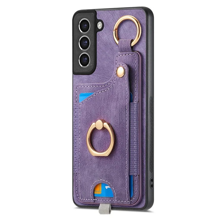 For Samsung Galaxy S21 FE 5G Ring Kickstand Case with Card Slot Leather TPU Back Cover