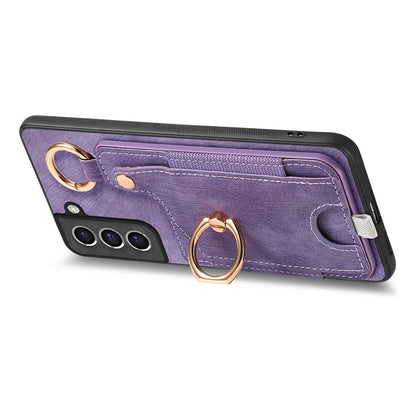 For Samsung Galaxy S21 FE 5G Ring Kickstand Case with Card Slot Leather TPU Back Cover