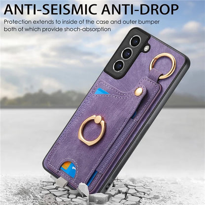 For Samsung Galaxy S21 FE 5G Ring Kickstand Case with Card Slot Leather TPU Back Cover