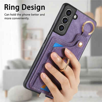 For Samsung Galaxy S21 FE 5G Ring Kickstand Case with Card Slot Leather TPU Back Cover
