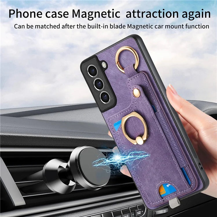 For Samsung Galaxy S21 FE 5G Ring Kickstand Case with Card Slot Leather TPU Back Cover