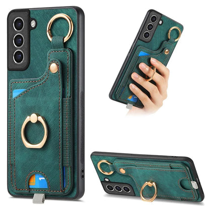 For Samsung Galaxy S21 FE 5G Ring Kickstand Case with Card Slot Leather TPU Back Cover