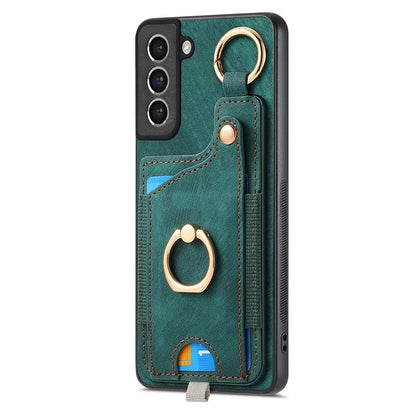 For Samsung Galaxy S21 FE 5G Ring Kickstand Case with Card Slot Leather TPU Back Cover