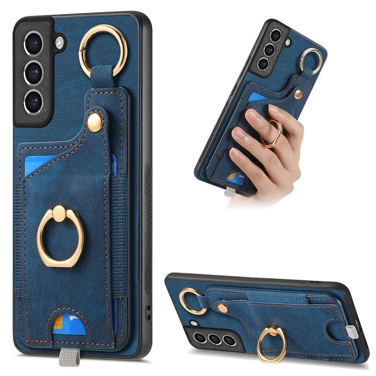 For Samsung Galaxy S21 FE 5G Ring Kickstand Case with Card Slot Leather TPU Back Cover