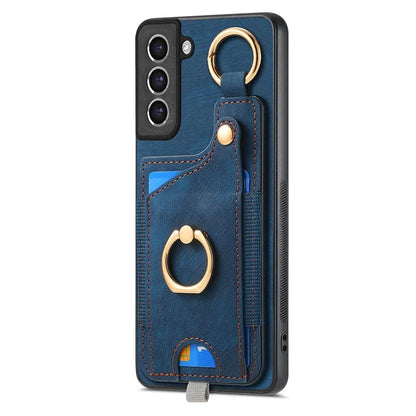 For Samsung Galaxy S21 FE 5G Ring Kickstand Case with Card Slot Leather TPU Back Cover