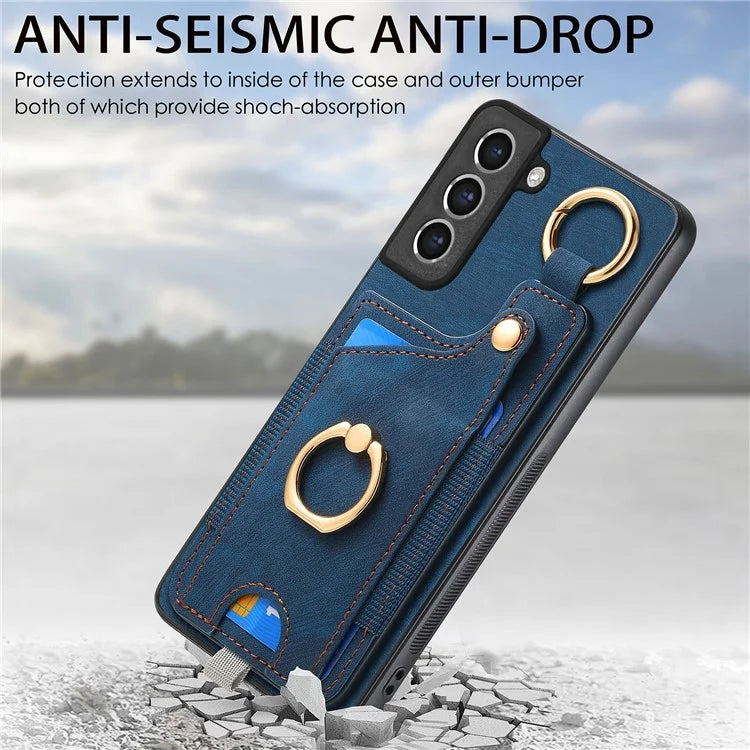 For Samsung Galaxy S21 FE 5G Ring Kickstand Case with Card Slot Leather TPU Back Cover