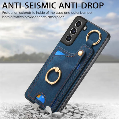 For Samsung Galaxy S21 FE 5G Ring Kickstand Case with Card Slot Leather TPU Back Cover