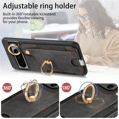 For Google Pixel 8 Pro Case Shockproof Leather Phone Back Cover, Ring Holder Card Bag