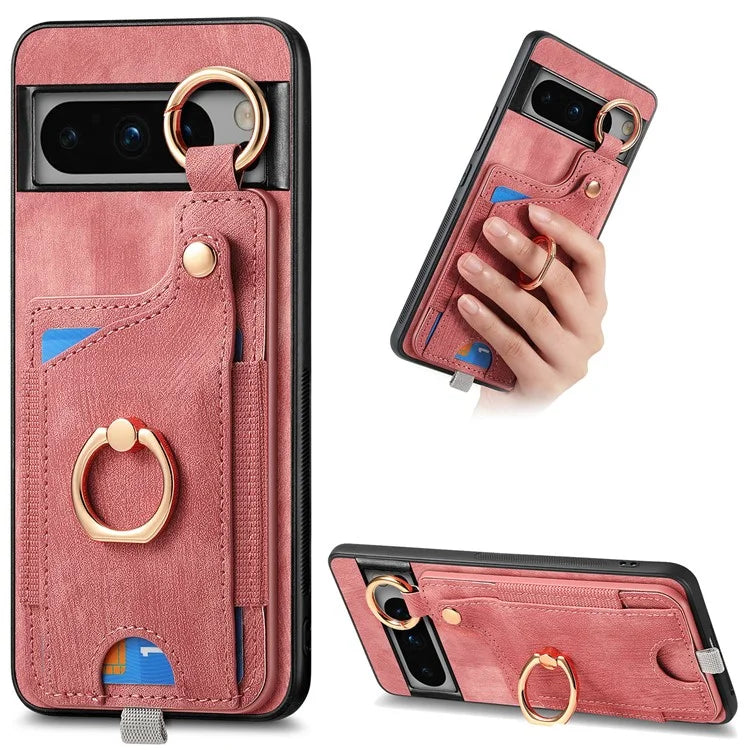 For Google Pixel 8 Pro Case Shockproof Leather Phone Back Cover, Ring Holder Card Bag
