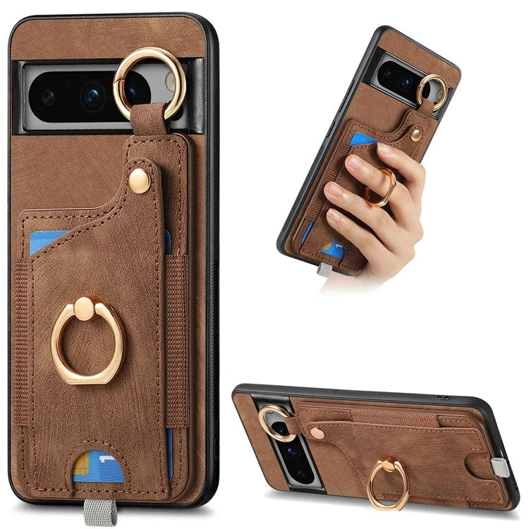 For Google Pixel 8 Pro Case Shockproof Leather Phone Back Cover, Ring Holder Card Bag