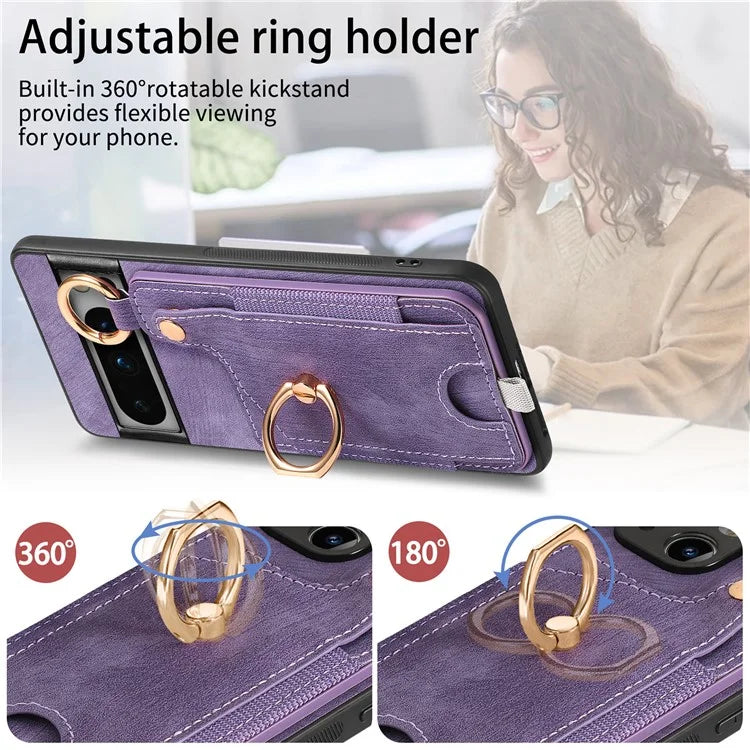 For Google Pixel 8 Pro Case Shockproof Leather Phone Back Cover, Ring Holder Card Bag