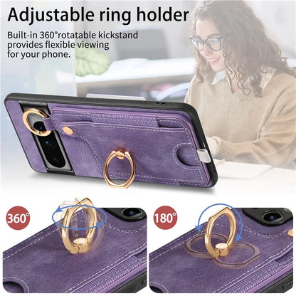 For Google Pixel 8 Pro Case Shockproof Leather Phone Back Cover, Ring Holder Card Bag