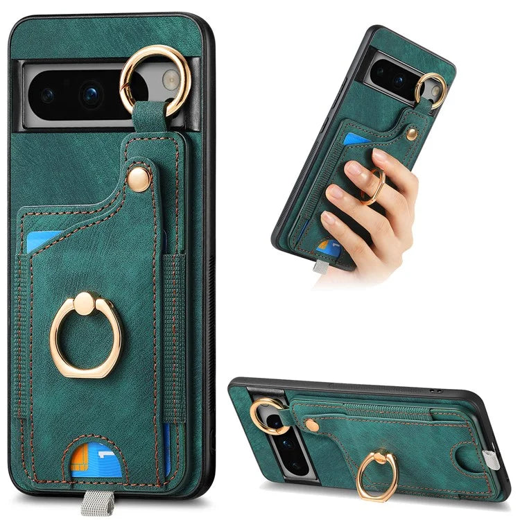For Google Pixel 8 Pro Case Shockproof Leather Phone Back Cover, Ring Holder Card Bag