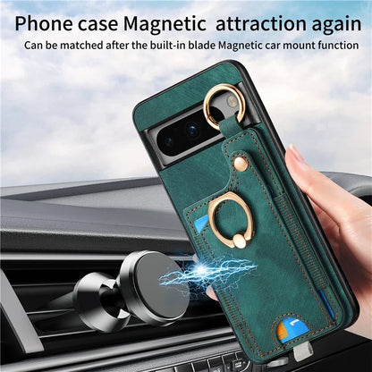For Google Pixel 8 Pro Case Shockproof Leather Phone Back Cover, Ring Holder Card Bag