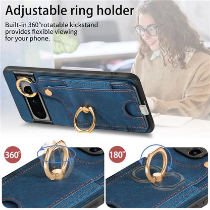 For Google Pixel 8 Pro Case Shockproof Leather Phone Back Cover, Ring Holder Card Bag