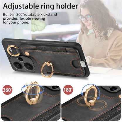For Xiaomi Redmi Note 13 Pro+ 5G Case with Card Holder Retro Leather Back Cover Ring Kickstand