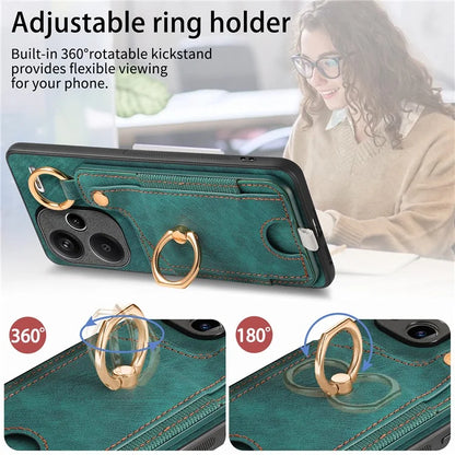 For Xiaomi Redmi Note 13 Pro+ 5G Case with Card Holder Retro Leather Back Cover Ring Kickstand