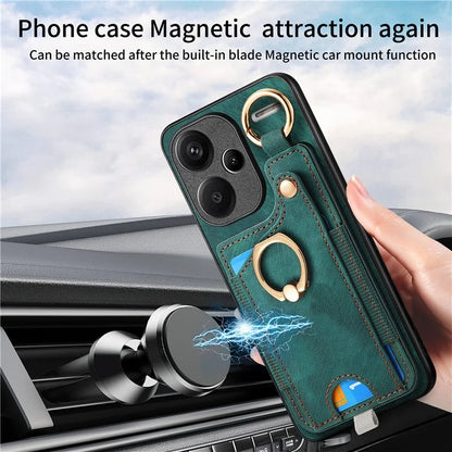For Xiaomi Redmi Note 13 Pro+ 5G Case with Card Holder Retro Leather Back Cover Ring Kickstand