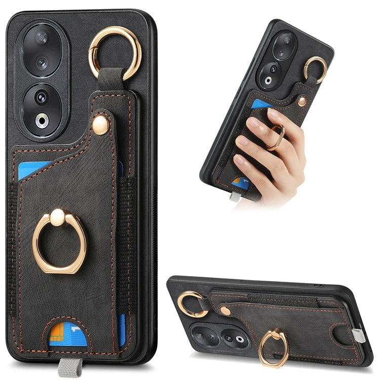 For Honor 90 Case Retro Leather Back Cover Drop-proof Phone Card Bag Kickstand