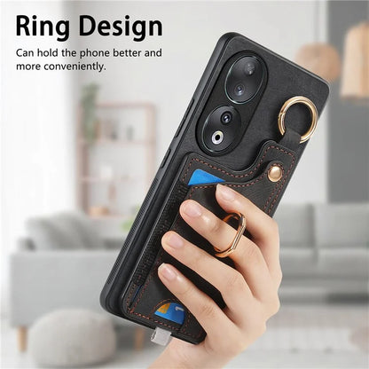 For Honor 90 Case Retro Leather Back Cover Drop-proof Phone Card Bag Kickstand