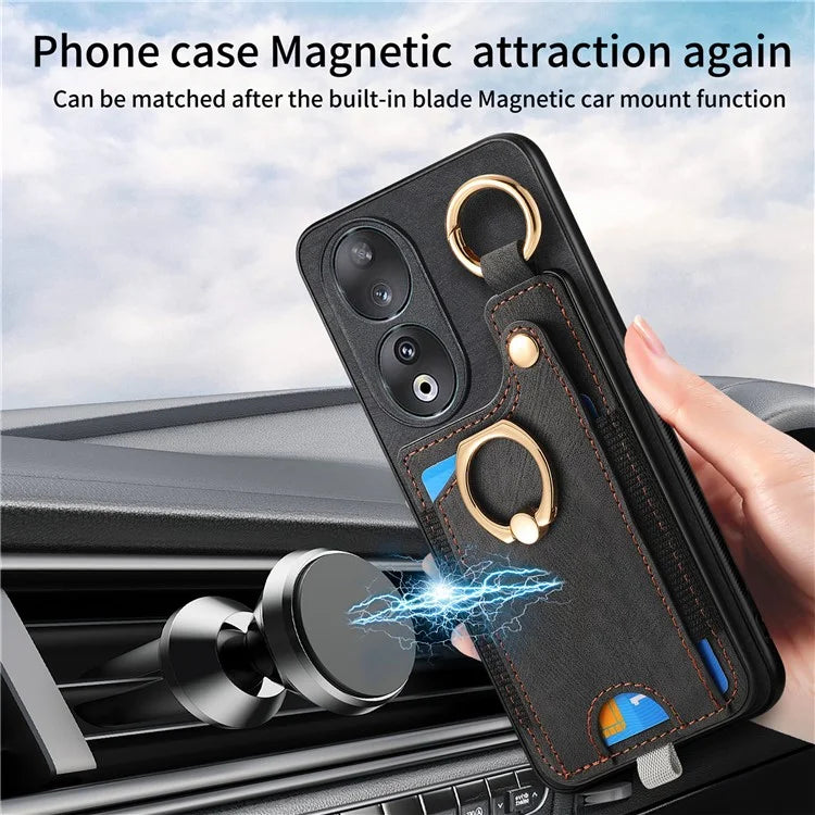 For Honor 90 Case Retro Leather Back Cover Drop-proof Phone Card Bag Kickstand