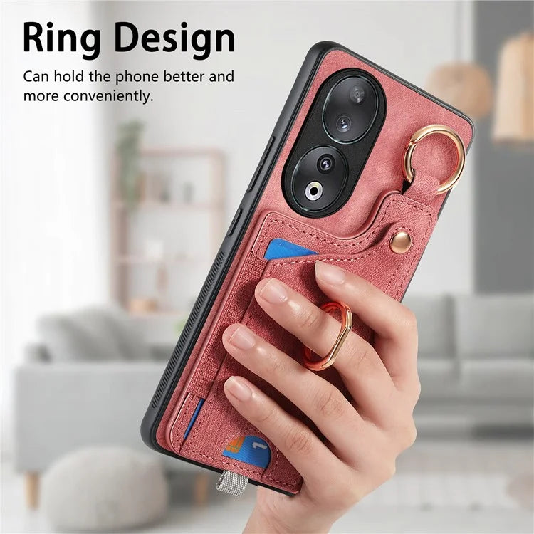 For Honor 90 Case Retro Leather Back Cover Drop-proof Phone Card Bag Kickstand